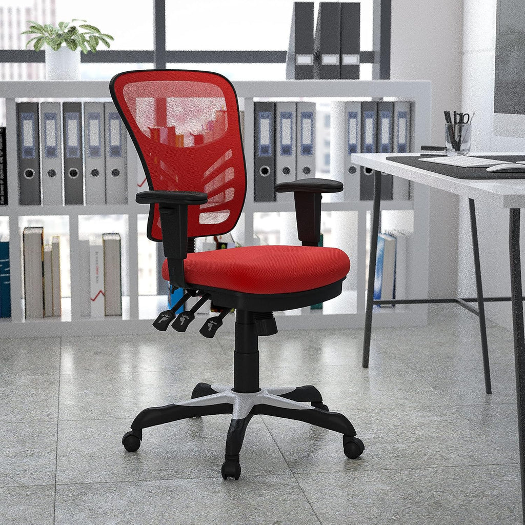 Flash Furniture Nicholas Mid-Back Red Mesh Multifunction Executive Swivel Ergonomic Office Chair with Adjustable Arms