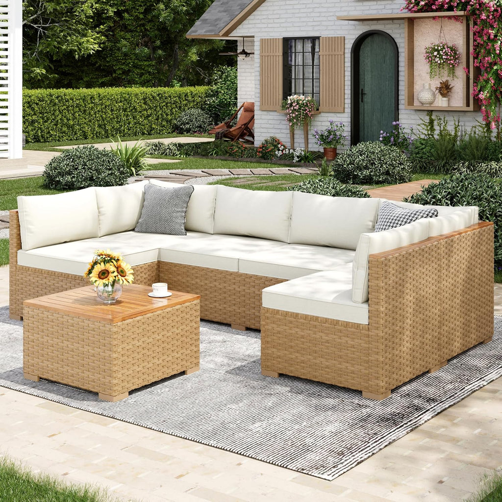 MIXPATIO Wicker Outdoor Patio Furniture Set 7 Pieces Patio Chaise Longue Conversation Set, Rattan U-Shaped Sofa Couch with Acacia Wood Coffee Table for Deck Porch and Garden