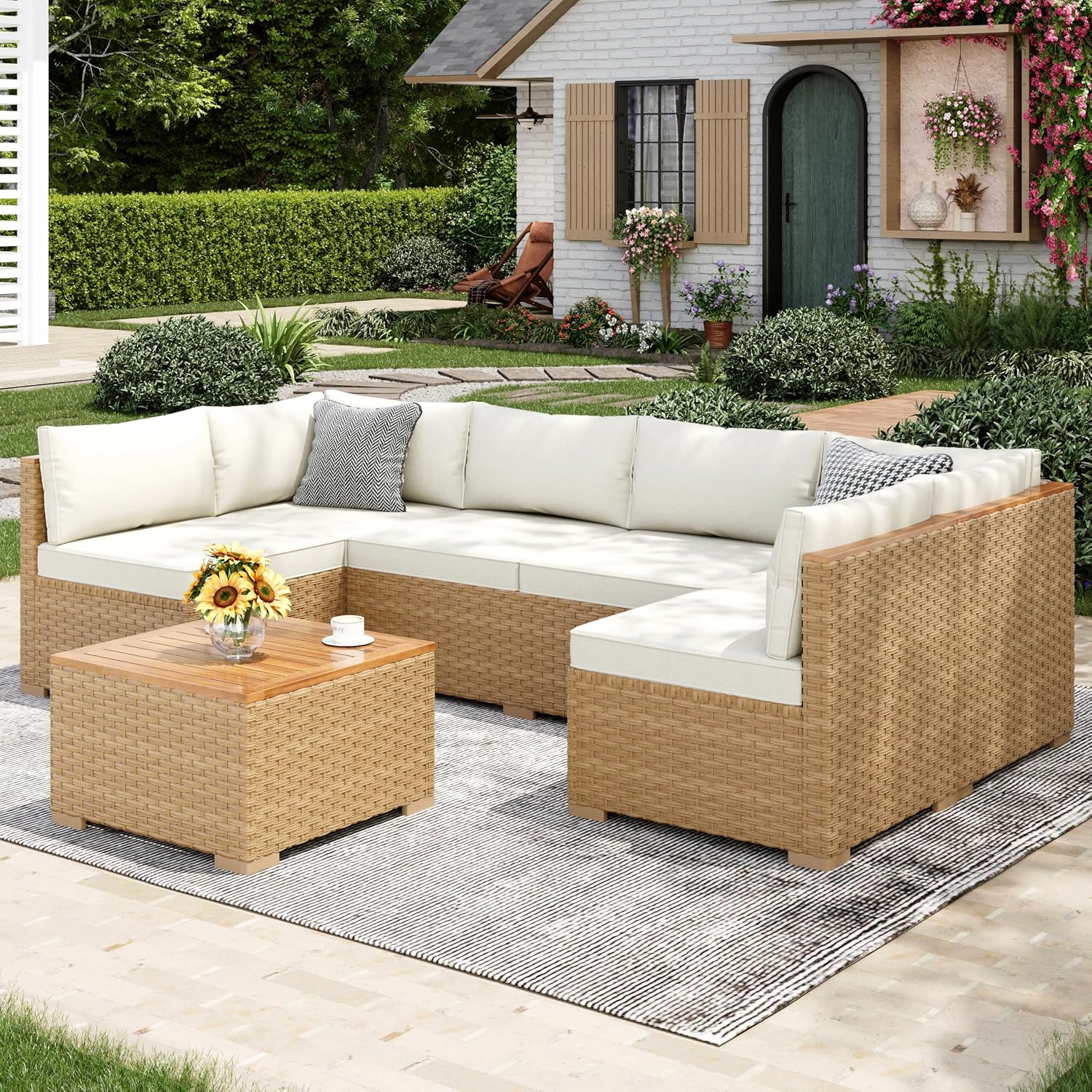 MIXPATIO Wicker Outdoor Patio Furniture Set 7 Pieces Patio Chaise Longue Conversation Set, Rattan U-Shaped Sofa Couch with Acacia Wood Coffee Table for Deck Porch and Garden