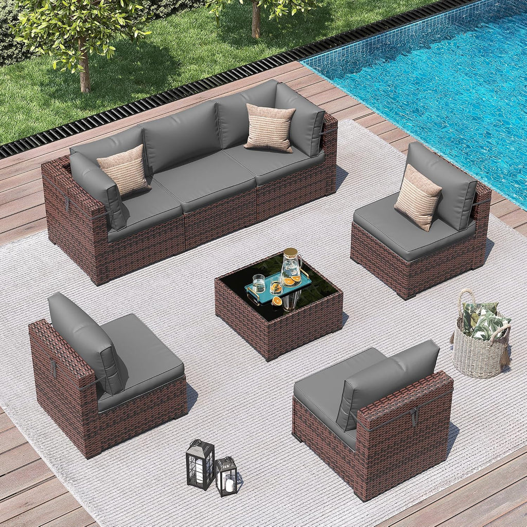 Patio Furniture Sets with Waterproof Cover, 7 Pieces Outdoor Rattan Sectional Sofa Set with Glass Table and Cushions,Wicker Patio Conversation Set for Outdoor Indoor Backyard Lawn Garden Porch (Grey)