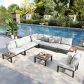 PHI VILLA 7 Pieces Outdoor Patio Furniture Set,Metal Frame Modern Outdoor Sectional Sofa Set,8 Seats Patio Conversation Sets with Coffee Table&Thickened Cushion,for Poolside and Backyard,Light Grey