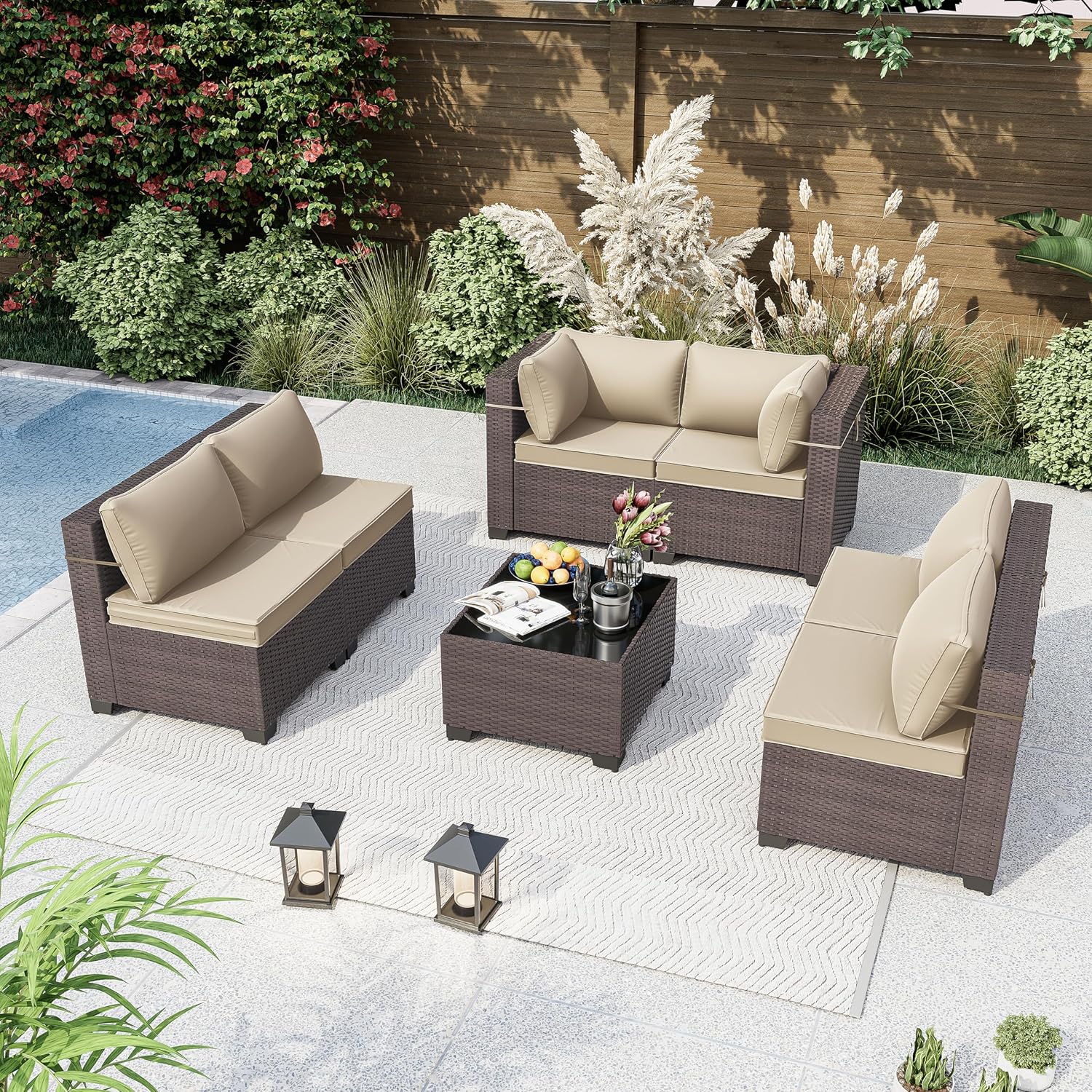 Kurapika 7 Pieces Patio Furniture Set, Rattan Wicker Outdoor Conversation Sets w/4 Inch Cushion and Glass Coffee Table(Sand)
