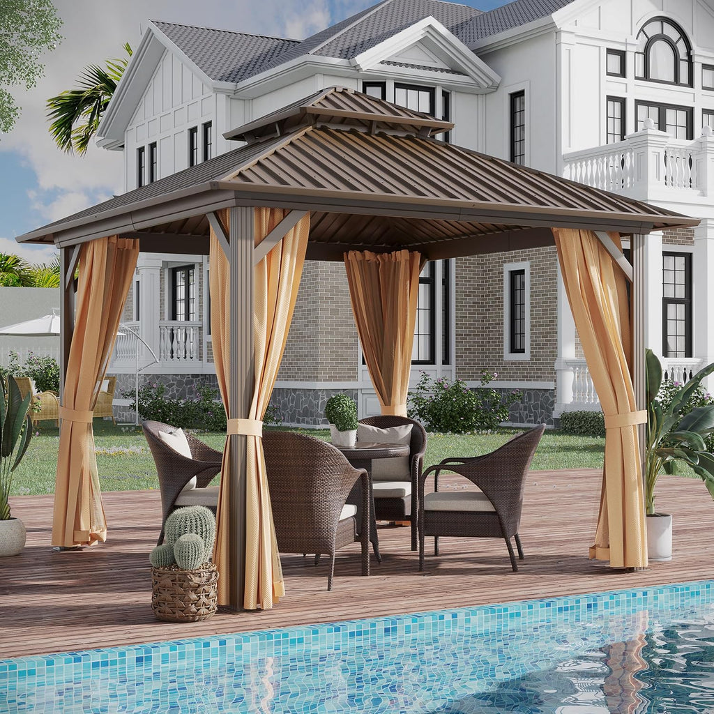 10'x10' Hardtop Gazebo Outdoor Aluminum Patio Gazebo Double Roof Galvanized Steel Canopy with Netting and Curtains,for Garden, Backyard,Deck and Lawns