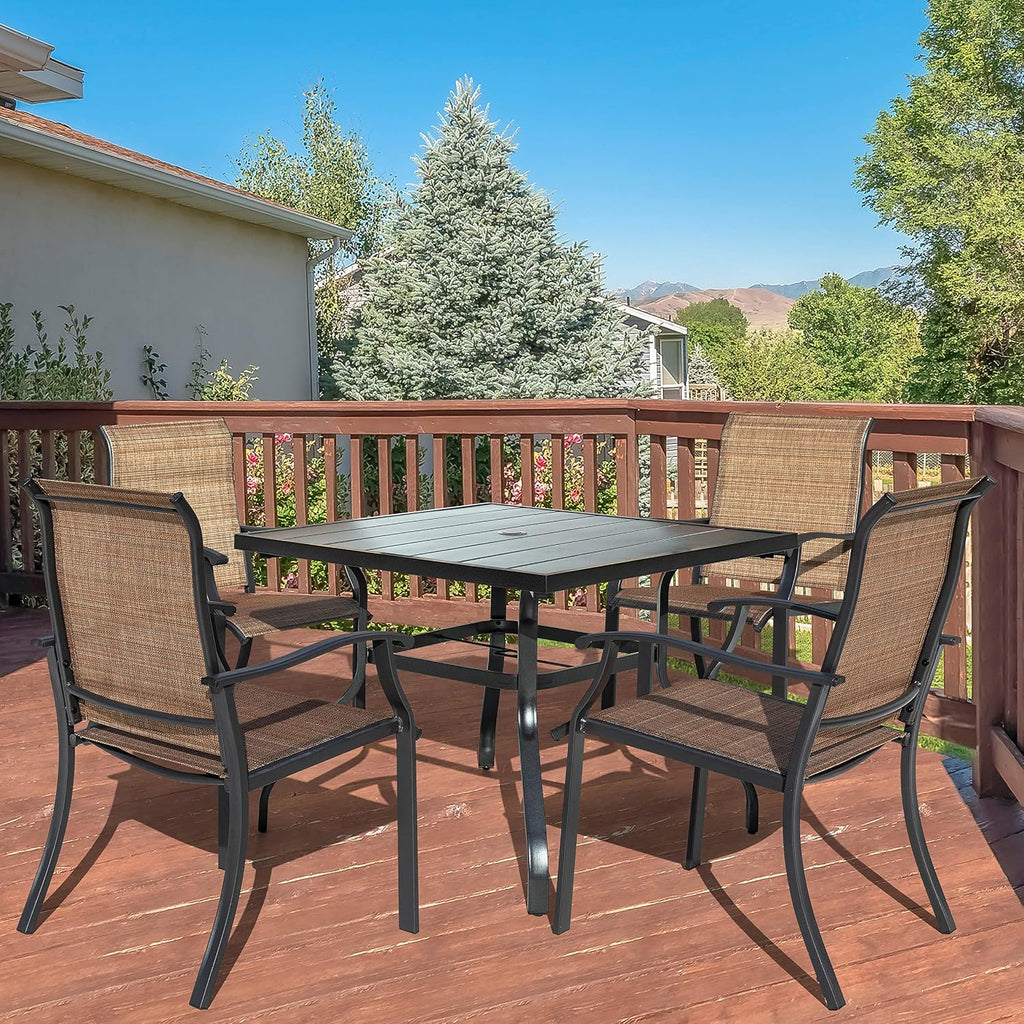 NUU GARDEN 5 Piece Outdoor Dining Set Patio Table and Chairs Set, 4 Textilene Dining Chairs and 1 Iron Patio Table with Umbrella Hole for Garden Patio Backyard, Black and Brown