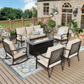 MIXPATIO Patio Furniture Set with Fire Pit Table, Metal Outdoor Conversation Set with 5.75'' Extra Thick Cushion, 2 Rocking Chairs, 2 Leg Chairs, 3-Seat Sofa and Gas Fire Pit Table, Beige
