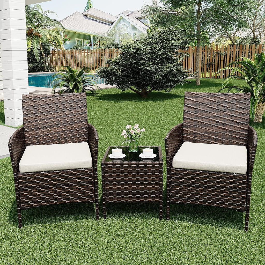 3 Piece Patio Furniture Set, Outdoor Patio Wicker Sofa Set with Upholstery and Glass Table, All Weather Conversation Rattan Sofa for Lawn, Pool, Backyard, Garden, Porch, Brown