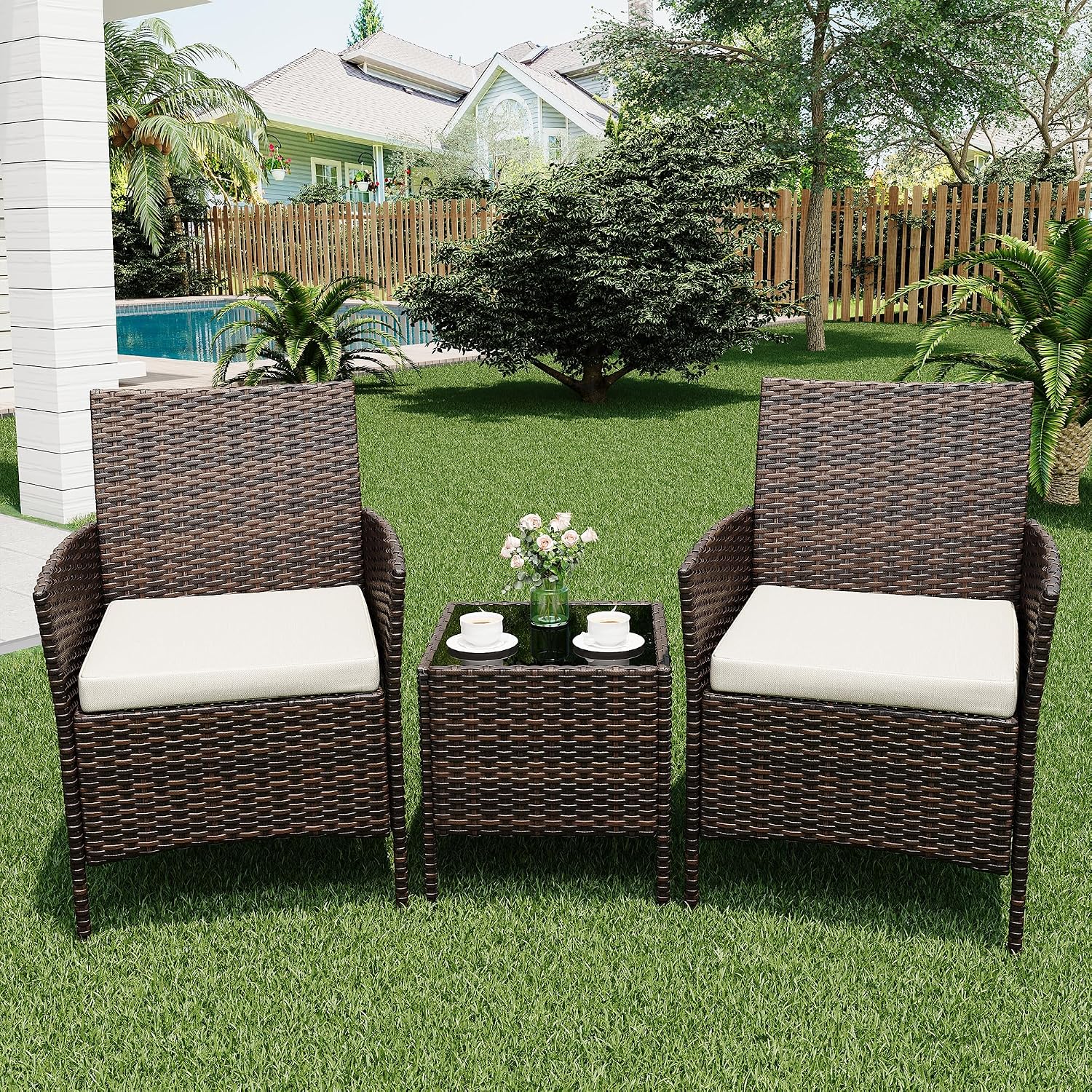 3 Piece Patio Furniture Set, Outdoor Patio Wicker Sofa Set with Upholstery and Glass Table, All Weather Conversation Rattan Sofa for Lawn, Pool, Backyard, Garden, Porch, Brown