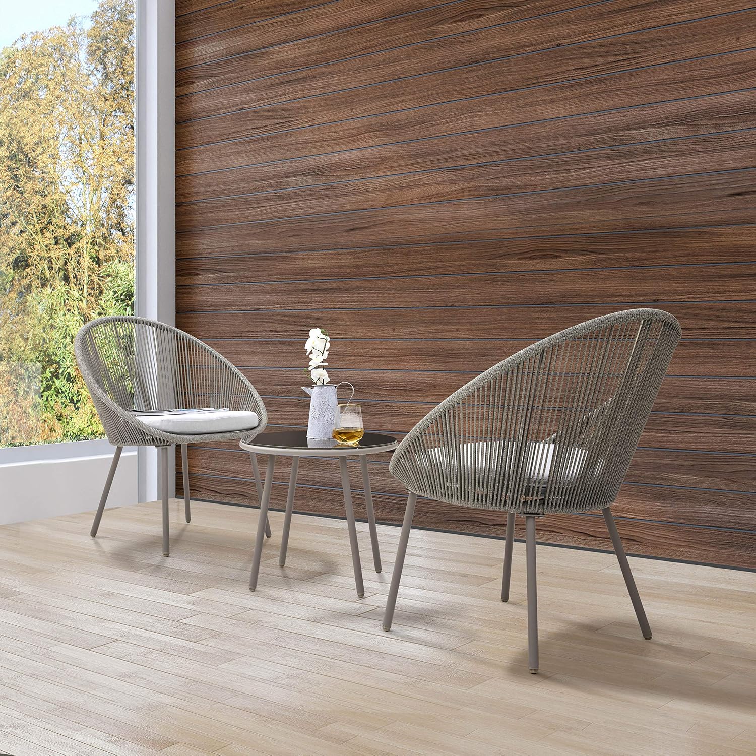 NUU GARDEN 3 Piece Outdoor Bistro Set, Woven Rope Conversation Patio Set, All Weather Patio Furniture Chairs and Table with Cushions for Garden, Deck, Backyard, Balcony, Porch, Beige