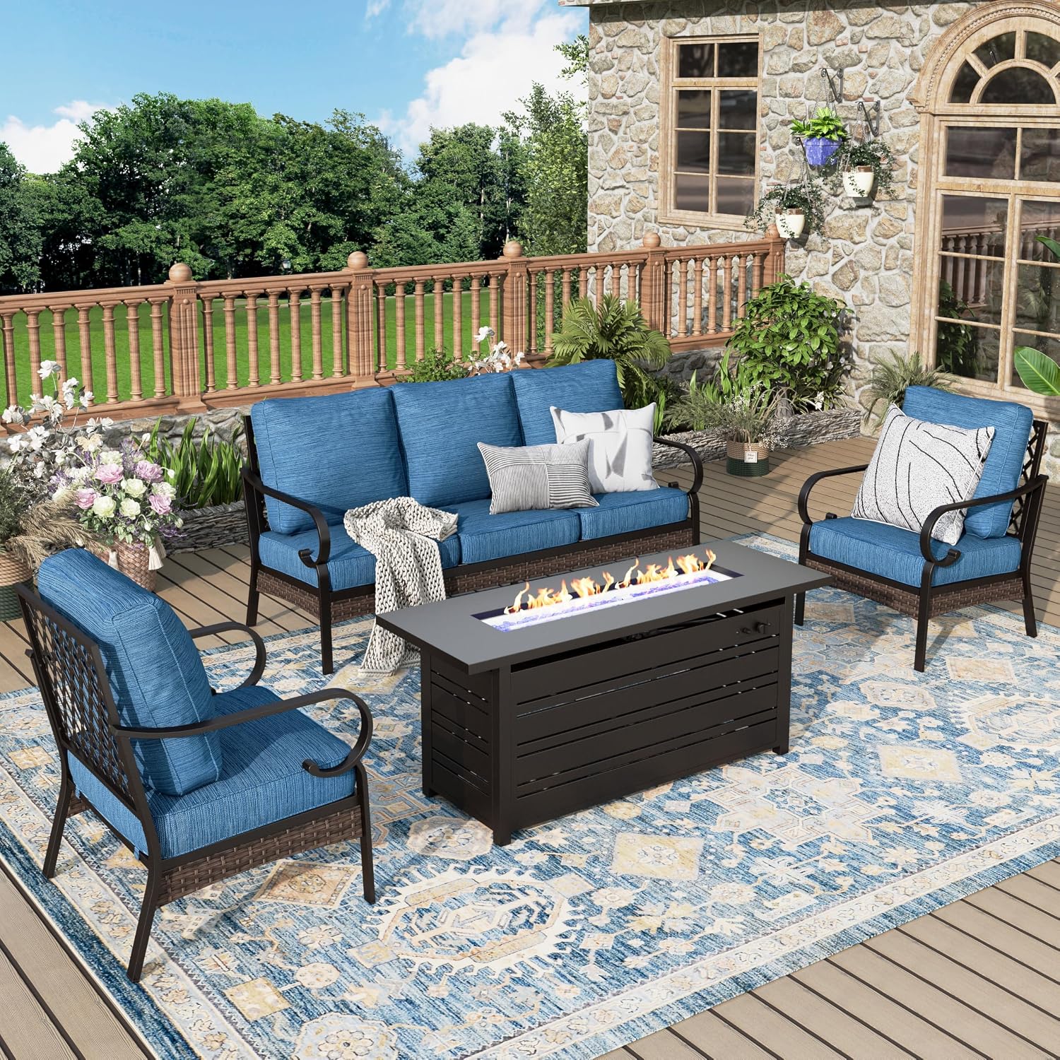 MIXPATIO Patio Furniture Set with Firepit Table, Black Frame Outdoor Conversation Set with 2 x Fixed Chairs, 1 x 3-Seat Sofa for Lawn Garden Backyard, Pacific Blue
