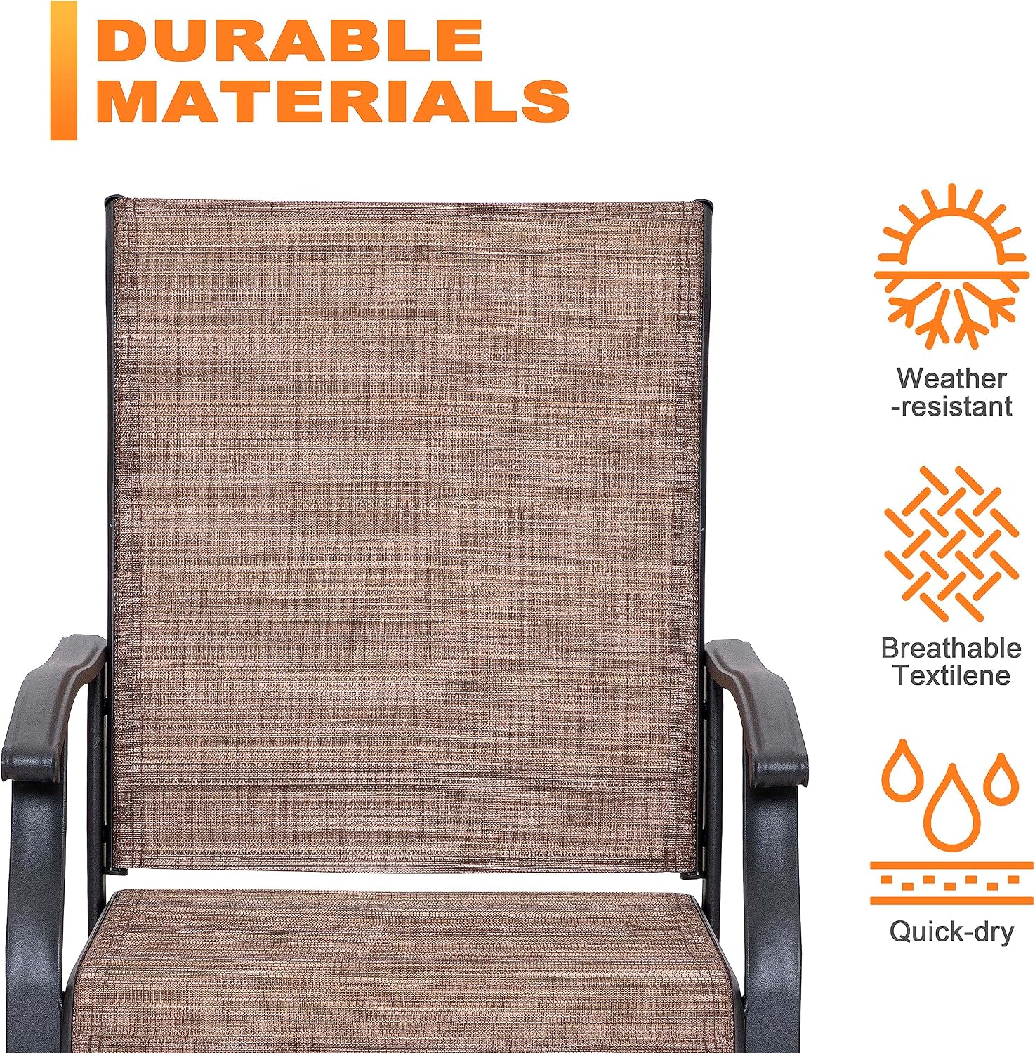 NUU GARDEN Outdoor Patio Dining Set, 4 Swivel Textilene Dining Chairs and 37' Square Dining Table with 1.57'' Umbrella Hole, Powder Coated Iron Frame, for Patio, Garden, Backyard, Black and Brown