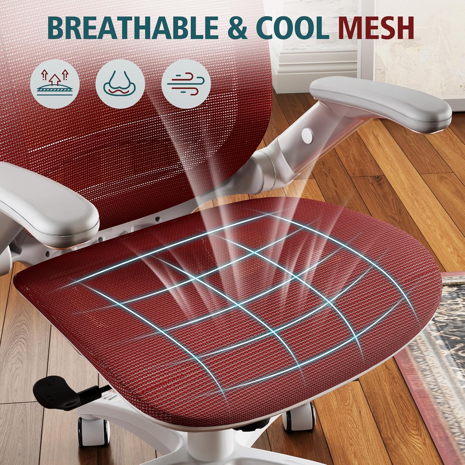 GABRYLLY Ergonomic Office Chair, High Back Home Desk Chair with Headrest, Flip-Up Arms, 90-120° Tilt Lock and Wide Cushion, 300LBS Mesh Chairs for Man Woman, White Task Chair(Red,GY01WR)