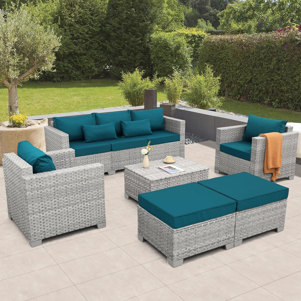 WAROOM Patio Furniture Set 6 Piece PE Rattan Outdoor Conversation Sets Grey Wicker Couch Sectional Sofa with Storage Coffee Table and Peacock Blue Cushion