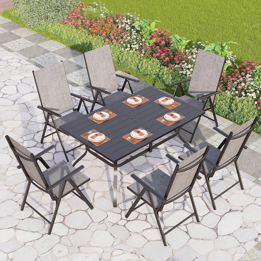 PHI VILLA 7 Piece Patio Dining Set with Outdoor Table and Chairs, Outdoor Dining Set with 6 Patio Folding Sling Chair with Armrest & 1 Rectangle Patio Dining Table with 1.57' Umbrella Hole (Grey)