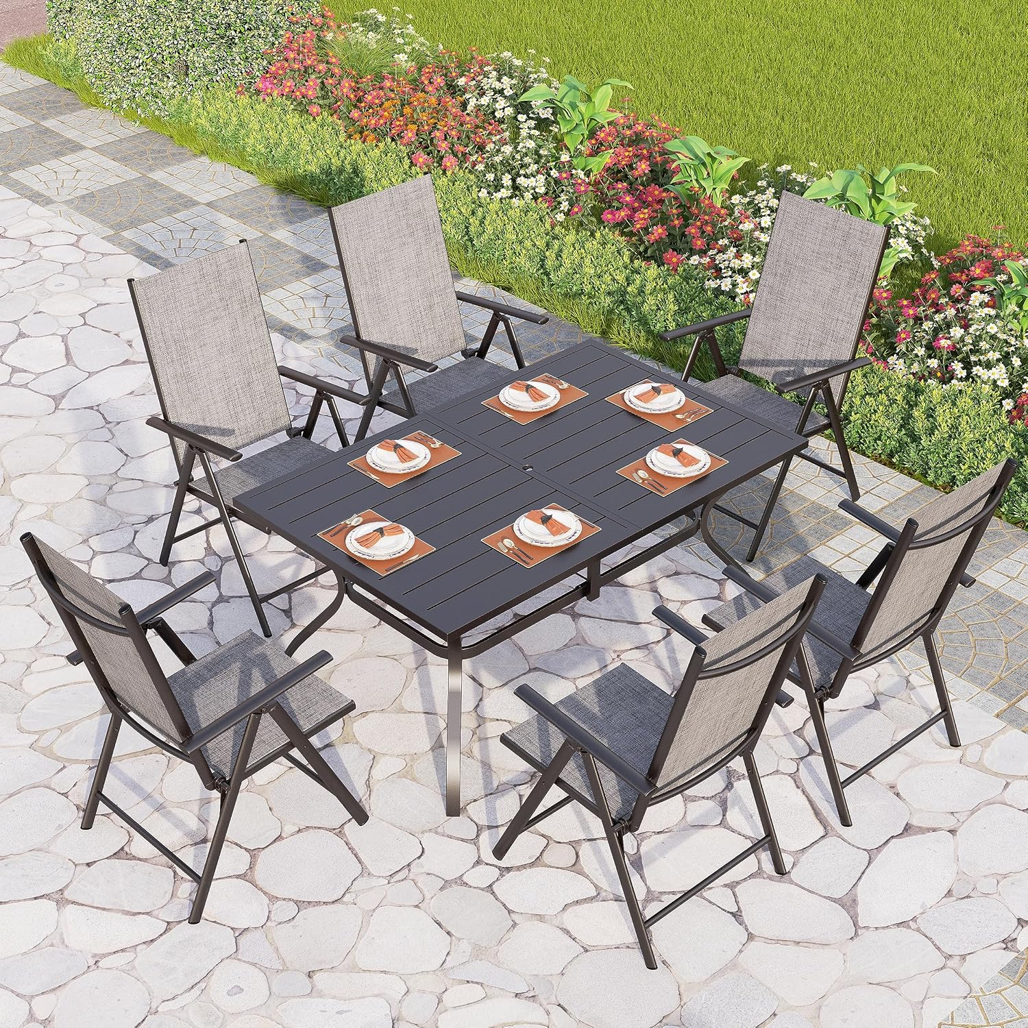 PHI VILLA 7 Piece Patio Dining Set with Outdoor Table and Chairs, Outdoor Dining Set with 6 Patio Folding Sling Chair with Armrest & 1 Rectangle Patio Dining Table with 1.57' Umbrella Hole (Grey)